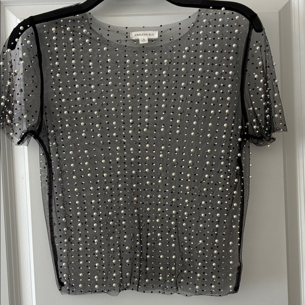 Endless Rose Black Sheer Pearl Embellished Top